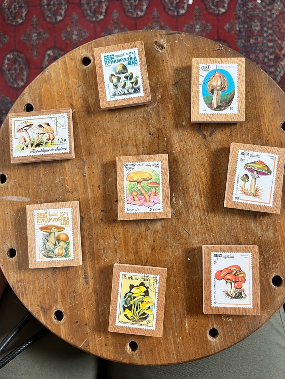 Handmade Vintage Postage Stamp Magnets On Wood • Mushrooms you pick one